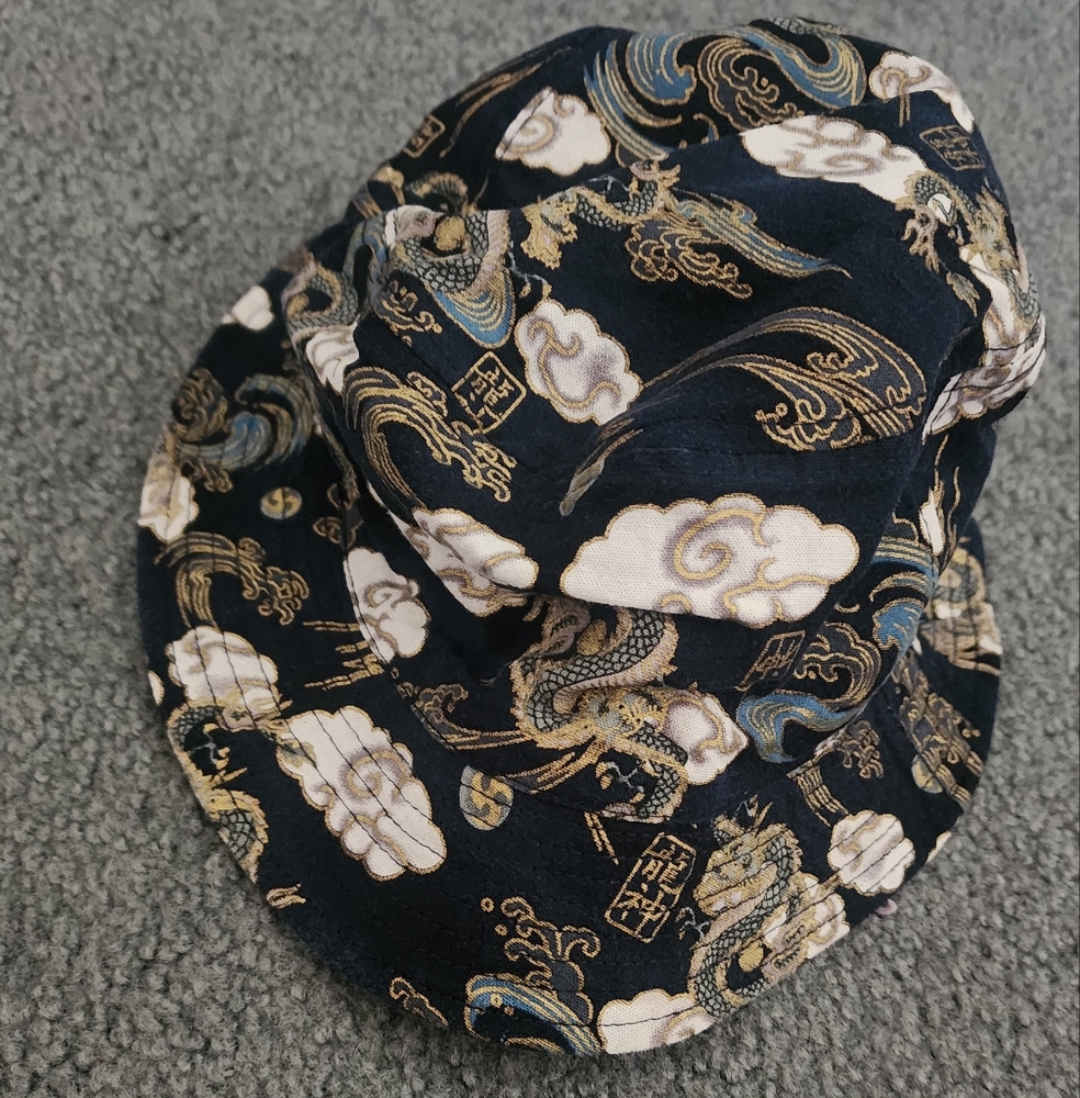 Dragon Print Navy & Gold Reversible Bucket Hat